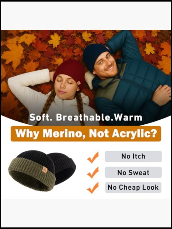 Merino Wool Waffle Fisherman Beanie Watch Cap Dual-Layer Warm Winter Knit Hat main image 4